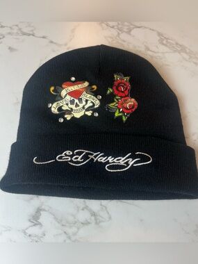 Ed Hardy Beanie Love Kills Slowly Black Rhinestone Skull Tattoo Y2K Beanie Hat